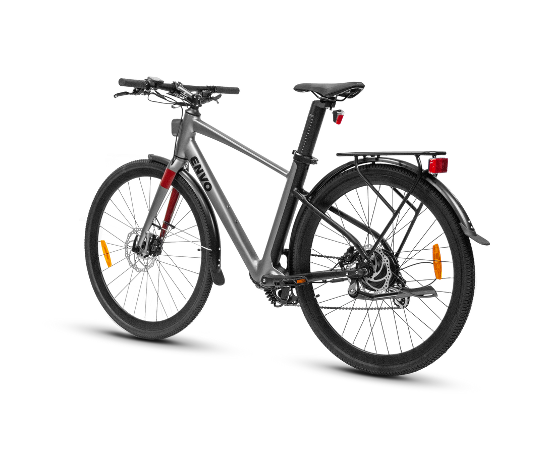 ENVO Stax — rear three-quarter view; optional rear rack and fenders shown