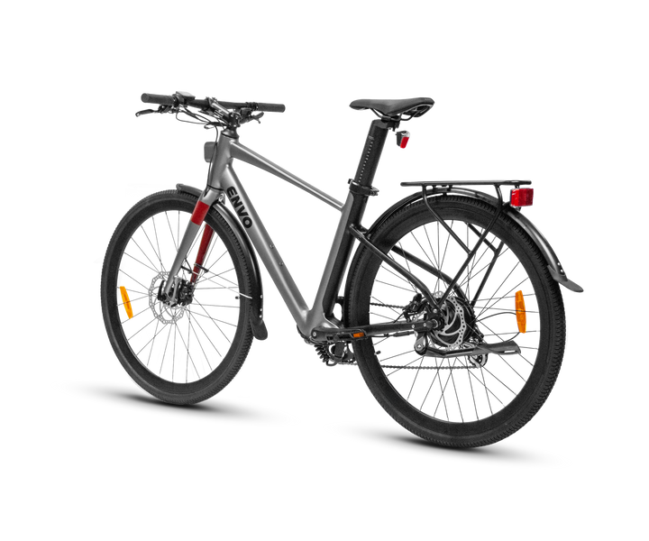 ENVO Stax — rear three-quarter view; optional rear rack and fenders shown
