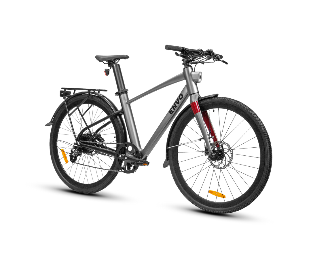 ENVO Stax — front three-quarter view; optional rear rack and fenders shown