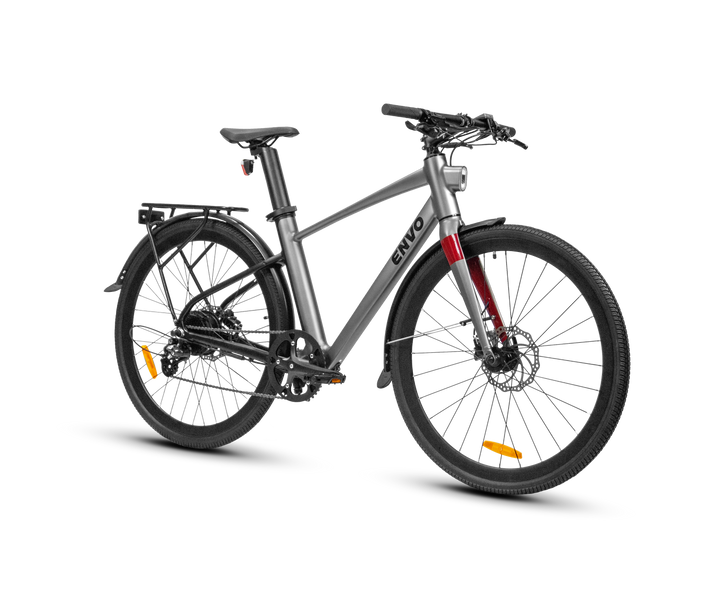 ENVO Stax — front three-quarter view; optional rear rack and fenders shown